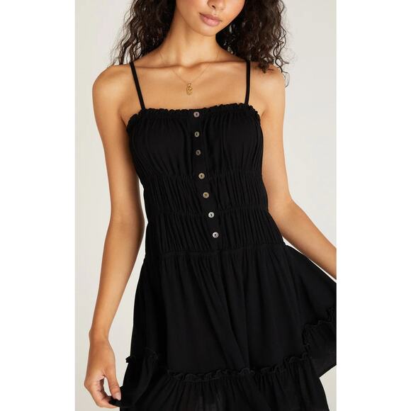Z SUPPLY Anabella Black Smocked Ruffle Mini Dress Size L Adjustable Straps - Picture 5 of 12